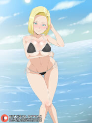 Rule 34 | 1girl, android 18, bikini, blush, breasts, cleavage, day, dragon ball, dragon ball super, dragonball z, earrings, highres, jewelry, large breasts, legs, leotard, looking at viewer, navel, shiny skin, smile, standing, studio oppai, swimsuit, thigh gap, thighs, water