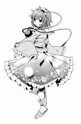 Rule 34 | 1girl, closed mouth, commentary request, floral print, frilled skirt, frilled sleeves, frills, full body, greyscale, hairband, heart, kapuchii, komeiji satori, long sleeves, looking at viewer, messy hair, monochrome, rose print, short hair, skirt, slippers, solo, third eye, touhou, upper body, wide sleeves