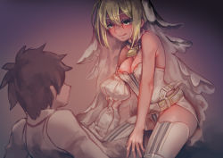 Rule 34 | 1boy, 1girl, areola slip, bare shoulders, belt, black hair, blonde hair, breasts, bridal veil, cleavage, detached sleeves, fate/grand order, fate (series), fujimaru ritsuka (male), girl on top, green eyes, hetero, highres, imminent penetration, leotard, licking lips, medium breasts, nero claudius (bride) (fate), nero claudius (bride) (second ascension) (fate), nero claudius (fate), nero claudius (fate) (all), smile, straddling, strapless, strapless leotard, susukisuke, sweat, thighhighs, tongue, tongue out, veil