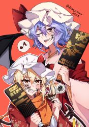 Rule 34 | 2girls, bat wings, blonde hair, blush, clenched teeth, drawing on another&#039;s face, eighth note, english text, facepaint, flandre scarlet, hagoita, hane (hanetsuki), hanetsuki, hat, hat ribbon, highres, himadera, light purple hair, mob cap, multiple girls, musical note, new year, one eye closed, paddle, red background, red eyes, remilia scarlet, ribbon, sharp teeth, siblings, simple background, sisters, spoken musical note, spoken squiggle, squiggle, tears, teeth, touhou, twitter username, upper body, wings