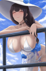 Rule 34 | 1girl, archstreal, artist name, bare shoulders, bikini, black hair, blush, closed eyes, closed mouth, collarbone, day, dress, earrings, goddess of victory: nikke, hat, highres, jewelry, leaning forward, long hair, mary (bay goddess) (nikke), mary (nikke), official alternate costume, outdoors, smile, solo, swimsuit, thighlet, white bikini, white dress, white hat