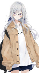 Rule 34 | 1girl, backpack, bag, black bag, blue shorts, brown jacket, closed mouth, cowboy shot, glasses, highres, jacket, jewelry, long hair, looking at viewer, necklace, open clothes, open jacket, original, purple eyes, shiina kuro, shirt, shorts, simple background, sleeves past wrists, smile, solo, white background, white hair, white shirt