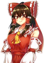 Rule 34 | 1girl, blush, bow, breasts, brown eyes, brown hair, closed mouth, collarbone, cookie (touhou), doi, hair bow, hair tubes, hakurei reimu, highres, large breasts, looking at viewer, red bow, rurima (cookie), short hair, smile, solo, touhou, upper body