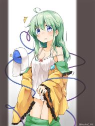 Rule 34 | 1girl, ahoge, anzu ame, bare shoulders, blue eyes, blush, breasts, chemise, cleavage, clothes pull, eyeball, full-face blush, green hair, heart, heart of string, komeiji koishi, long hair, long sleeves, looking at viewer, off shoulder, open clothes, open mouth, open shirt, panties, shirt, skirt, skirt pull, solo, strap slip, string, sweat, third eye, touhou, towel, twitter username, underwear, wide sleeves