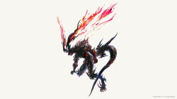Rule 34 | absurdres, blue eyes, claws, demon horns, digitigrade, final fantasy, final fantasy xvi, fire, full body, glowing, glowing eyes, highres, horns, ifrit (final fantasy), monster, official art, simple background, square enix, tail