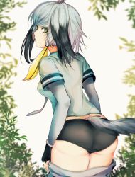 Rule 34 | 10s, 1girl, ancolatte (onikuanco), ascot, ass, black hair, black panties, blouse, blush, bodystocking, breasts, clothes pull, cowboy shot, day, fingerless gloves, from behind, gloves, green eyes, grey necktie, grey shirt, kemono friends, large breasts, layered sleeves, leaning, leaning forward, long sleeves, looking at viewer, looking back, multicolored hair, necktie, outdoors, panties, shiny skin, shirt, shoebill (kemono friends), short hair, short over long sleeves, short sleeves, shorts, shorts pull, sideboob, smile, solo, tail, underwear, undressing