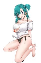 Rule 34 | 1girl, aqua hair, arm under breasts, artist name, bandaid, bandaid on face, bare shoulders, barefoot, black panties, blue eyes, breasts, bulma, collarbone, covered erect nipples, dragon ball, dragon ball (classic), earrings, full body, hair between eyes, jewelry, large breasts, long hair, off-shoulder shirt, off shoulder, one side up, open mouth, panties, relaxjon, shirt, short sleeves, simple background, sitting, solo, tongue, tongue out, underwear, white background, white shirt