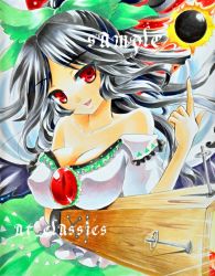 Rule 34 | 1girl, arm cannon, at classics, bare shoulders, black hair, bow, breasts, cleavage, collarbone, female focus, hair bow, long hair, marker (medium), red eyes, reiuji utsuho, sample watermark, solo, touhou, traditional media, watermark, weapon