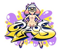 Rule 34 | 1girl, absurdres, barefoot, belly, breasts, cleft of venus, crown, domino mask, feet, forehead, full body, gradient hair, grin, hands on own hips, highres, inkling player character, mask, medium breasts, minuspal, mole, mole under mouth, multicolored hair, navel, nintendo, nipples, nude, parted lips, pearl (splatoon), pink hair, pussy, short hair, smile, solo, splatoon (series), splatoon 2, standing, stomach, tentacle hair, two-tone hair, uncensored, white hair, yellow eyes