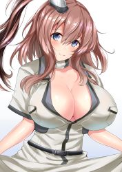 Rule 34 | 1girl, blue eyes, blush, breasts, brown hair, cleavage, dress, female focus, gradient background, head tilt, highres, kantai collection, large breasts, long hair, long skirt, looking at viewer, no bra, sankakusui, saratoga (kancolle), side ponytail, simple background, skirt, smile, solo, standing, upper body