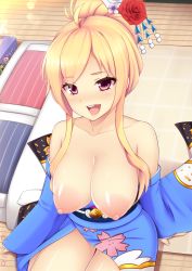 Rule 34 | 10s, 1girl, arm support, bare shoulders, blonde hair, blue kimono, breasts, breasts out, collarbone, detached sleeves, floral print, from above, futon, hair between eyes, hair ornament, hair over shoulder, hair up, highres, indoors, japanese clothes, kimono, large areolae, large breasts, looking at viewer, mijinko (rioriorio), monster strike, nipples, off shoulder, open mouth, pink eyes, puffy nipples, sidelocks, sitting, smile, solo, tongue, wide sleeves, wings, wooden floor