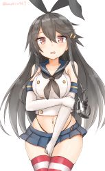 Rule 34 | 1girl, azuhira, bare shoulders, black hair, black panties, breasts, cosplay, covering crotch, covering privates, cowboy shot, elbow gloves, gloves, haruna (kancolle), highleg, highleg panties, kantai collection, large breasts, long hair, looking at viewer, microskirt, panties, red eyes, shimakaze (kancolle), shimakaze (kancolle) (cosplay), skirt, solo, striped clothes, striped thighhighs, tears, thighhighs, underwear, white gloves