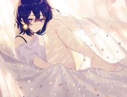 Rule 34 | 1girl, achiki, barefoot, blanket, blue hair, bra strap, crescent print, earrings, feet, jewelry, knees up, looking at viewer, off-shoulder shirt, off shoulder, original, parted lips, purple eyes, shirt, short hair, short sleeves, solo, star (symbol), star print, thighs, white shirt