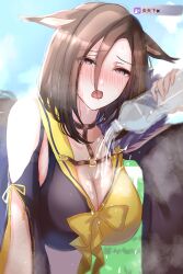 Rule 34 | 1girl, air groove (umamusume), animal ears, blush, bottle, bow, breasts, brown hair, cleavage, ear bow, hair between eyes, highres, holding, holding bottle, horse ears, horse girl, large breasts, looking at viewer, mmm (mmm623), pouring, pouring onto self, short hair, solo, sweat, translated, umamusume, water bottle, wet