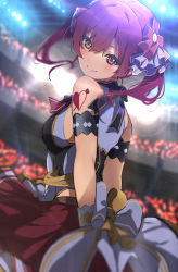 Rule 34 | 1girl, armband, arms behind back, arrow through heart, bare shoulders, blush, bow, closed mouth, dot nose, eyebrows hidden by hair, frills, hair between eyes, heart, heart tattoo, heterochromia, highres, hololive, houshou marine, icehotmilktea, idol, light, looking at viewer, looking back, medium hair, official alternate costume, red eyes, red hair, red skirt, shoulder tattoo, skirt, smile, solo, spotlight, stadium, tattoo, twintails, virtual youtuber, yellow eyes