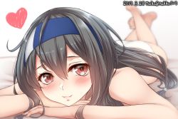 Rule 34 | 1girl, artist name, ass, barefoot, black hair, blush, dated, feet, hatsushimo (kancolle), hatsushimo kai ni (kancolle), headband, heart, highres, kantai collection, long hair, looking at viewer, low-tied long hair, lying, nuka (nvkka), on stomach, one-hour drawing challenge, panties, red eyes, smile, solo, underwear, white panties