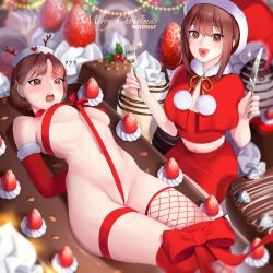 Rule 34 | + +, 2girls, :d, ?, ??, arms behind back, artist name, blush, breasts, brown eyes, brown hair, cake, capelet, covered erect nipples, d:, dessert, elbow gloves, fishnet legwear, fishnets, food, fork, fruit, fur-trimmed gloves, fur collar, fur trim, gloves, hair ornament, hat, heart, heart in mouth, highres, hip bones, knife, large breasts, merry christmas, multiple girls, naked ribbon, navel, open mouth, original, pencil skirt, pom pom (clothes), potetos7, red capelet, red gloves, red ribbon, red skirt, ribbon, santa hat, short hair, single thighhigh, skirt, smile, star (symbol), star hair ornament, strawberry, thigh strap, thighhighs, whipped cream