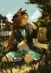Rule 34 | 1girl, 7ife, absurdres, animal ears, arknights, black jacket, black ribbon, blue dress, blue eyes, blue sky, brown hair, cat ears, closed mouth, cloud, commentary, day, dress, english commentary, grass, hair ribbon, highres, huge filesize, iris (arknights), jacket, long hair, long sleeves, looking away, looking to the side, outdoors, profile, ribbon, shoulder strap, sitting, sky, solo, wariza