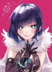 Rule 34 | 1girl, :q, aqua eyes, bare shoulders, black gloves, blue hair, blunt bangs, commentary, dice, earrings, elbow gloves, genshin impact, gloves, heart, heart of string, highres, jewelry, looking at viewer, onigiri (sumisaza), pink background, short hair, simple background, sleeveless, smile, solo, tongue, tongue out, upper body, yelan (genshin impact)