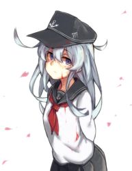 Rule 34 | 10s, 1girl, arms behind back, bad id, bad pixiv id, blood, blood on face, blood on clothes, blue eyes, blue hair, cherry blossoms, empty eyes, hat, hibiki (kancolle), kantai collection, long hair, looking at viewer, matching hair/eyes, pleated skirt, school uniform, serafuku, simple background, skirt, solo, white background, wulazula
