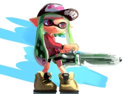 Rule 34 | 1girl, ballpoint splatling (splatoon), baseball cap, bike shorts, black hat, blue background, brown footwear, closed mouth, domino mask, female focus, flat chest, green hair, hat, highres, holding, holding weapon, inkling, inkling girl, inkling player character, jpeg artifacts, long hair, long sleeves, mask, miitara, nintendo, pointy ears, red eyes, red shirt, shirt, shoes, simple background, sketch, solo, splatoon (series), standing, tentacle hair, tentacles, twintails, two-handed, two-tone background, weapon