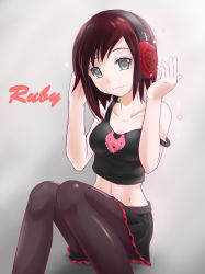Rule 34 | 1girl, artist request, bare shoulders, brown hair, character name, grey eyes, headphones, highres, knees together feet apart, light smile, looking at viewer, midriff, nak16, navel, pantyhose, red hair, ruby rose, rwby, short hair, simple background, sitting, skirt, solo, stomach, strap slip, text focus
