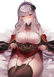 Rule 34 | 1girl, algerie (azur lane), azur lane, bare shoulders, black flower, black thighhighs, blush, breasts, clothes lift, drill hair, drill sidelocks, flower, garter straps, grey hair, large breasts, lifted by self, looking at viewer, mole, mole under eye, panties, pantyshot, red skirt, sea nami, sideboob, sidelocks, skirt, skirt lift, smile, solo, thighhighs, underwear, white panties