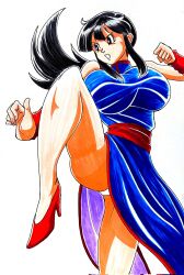 1girl area5169458561 black_hair breasts chi-chi_(dragon_ball) chinese_clothes dragon_ball high_heels large_breasts leg_up panties traditional_media underwear wristband