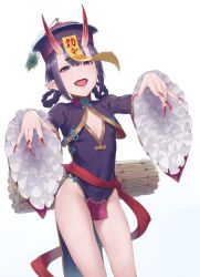 Rule 34 | absurdres, braid, braided hair rings, breasts, chinese clothes, cleavage cutout, clothing cutout, commentary, covered navel, fate/grand order, fate (series), fingernails, grey background, hair rings, hat, heroic spirit festival outfit, highres, hikimayu, horns, jiangshi, jiangshi costume, long fingernails, long sleeves, looking at viewer, nail polish, ofuda, oishiimelon, open mouth, outstretched arms, pelvic curtain, pointy ears, purple eyes, purple hair, qingdai guanmao, red nails, sharp teeth, short hair, shuten douji (fate), shuten douji (fate/grand order), shuten douji (festival outfit) (fate), shuten douji (halloween caster) (fate), simple background, skin-covered horns, small breasts, solo, teeth, thick eyebrows, thighs, tongue, wide sleeves, zombie pose