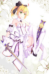 Rule 34 | 1girl, artoria pendragon (all), artoria pendragon (fate), bad id, bad pixiv id, black ribbon, breasts, caliburn (fate), cleavage, detached sleeves, dress, fate/stay night, fate/unlimited codes, fate (series), flower, green eyes, hair ribbon, high heels, highres, holding, holding sword, holding weapon, ponytail, ribbon, saber (fate), saber lily, scabbard, sheath, smile, solo, sword, thighhighs, weapon, white thighhighs, z shichao