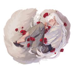Rule 34 | 1boy, alternate costume, closed eyes, facial mark, fetal position, flower, from above, full body, geta, grey hakama, hair flower, hair ornament, hakama, highres, inuyasha, japanese clothes, long hair, long sleeves, looking at viewer, lying, male focus, mmmilk, on side, plantar flexion, pointy ears, profile, red flower, sesshoumaru, shoe dangle, simple background, sleeping, solo, very long hair, white background, white hair, yellow eyes