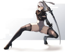 Rule 34 | 1girl, 2b (nier:automata), black hairband, blindfold, breasts, cleavage, cleavage cutout, closed mouth, clothing cutout, covered navel, fighting stance, full body, gloves, hairband, heattech leotard, high heels, highres, holding, holding sword, holding weapon, katana, large breasts, legs, legs apart, leotard, mole, mole under mouth, nier:automata, nier (series), short hair, snozaki, sword, tassel, thighhighs, thighs, turtleneck, weapon, white hair