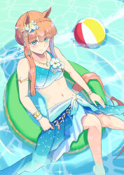Rule 34 | 1girl, animal ears, aqua eyes, ball, bare shoulders, barefoot, beachball, bikini, blue bikini, blue sarong, braid, commentary, crown braid, ear flower, foot out of frame, from above, hair bun, harakomeshi, highres, horse ears, horse girl, innertube, knees together feet apart, looking at viewer, looking up, official alternate costume, official alternate hairstyle, orange hair, partially submerged, sarong, sidelocks, silence suzuka (emerald on the waves) (umamusume), silence suzuka (umamusume), sitting, smile, solo, swim ring, swimsuit, umamusume