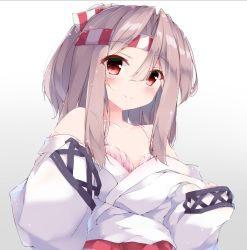 Rule 34 | 1girl, bare shoulders, bra, brown hair, closed mouth, collarbone, commentary request, fuuna, gradient background, grey background, hair between eyes, hands up, headband, japanese clothes, kantai collection, kimono, long hair, long sleeves, looking at viewer, off shoulder, parted bangs, pink bra, red eyes, sleeves past wrists, smile, solo, underwear, upper body, white background, white kimono, zuihou (kancolle)