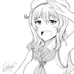 Rule 34 | 10s, 1girl, anchor, artist name, commentary, greyscale, kantai collection, kashima (kancolle), looking at viewer, monochrome, open mouth, sailor collar, salute, signature, sketch, smile, solo, twintails, wangphing, wavy hair