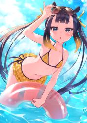 Rule 34 | 1girl, :d, absurdres, bikini, black hair, blue eyes, blue sky, breasts, cloud, day, eyewear on head, frilled bikini, frills, highres, hololive, hololive english, houshou marine (artist), long hair, looking at viewer, mole, mole under eye, navel, ninomae ina&#039;nis, open mouth, partially submerged, sky, small breasts, smile, solo, sunglasses, swimsuit, twintails, virtual youtuber, wet, yellow bikini