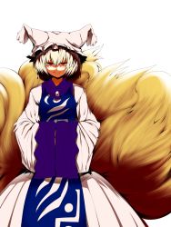 Rule 34 | 1girl, animal hat, bad id, bad pixiv id, blonde hair, dress, fox tail, hands in opposite sleeves, hat, hat with ears, highres, long sleeves, looking at viewer, mizuga, mob cap, multiple tails, red eyes, shaded face, simple background, smile, solo, tabard, tail, touhou, white background, white dress, wide sleeves, yakumo ran