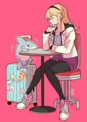 Rule 34 | 1girl, animification, black leggings, blonde hair, blue eyes, breasts, chair, commentary, denim, denim shorts, full body, gwen stacy, highres, layered sleeves, leggings, luggage, marvel, medium breasts, nail polish, rolling suitcase, shark, shoes, short shorts, shorts, sitting, sneakers, spider-gwen, spider-man (series), suitcase, sushi pizza rrr, symbol-only commentary, table, transgender flag