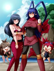 Rule 34 | 4girls, absurdres, anger vein, angry, antenna hair, arm under breasts, belt, bikini, bikini top only, blue hair, blush, breast hold, breasts, brown hair, chibi, chibi inset, cosplay, costume switch, creatures (company), crossover, disgaea, disgaea d2, doppel (cursed atelier), etna (disgaea), game freak, green (pokemon), highres, laharl, laharl-chan, laharl-chan (cosplay), laughing, long scarf, multiple girls, navel, nintendo, pantyhose, pokemon, pokemon frlg, pokemon lgpe, red eyes, red hair, sabrina (pokemon), sabrina (pokemon) (cosplay), scarf, signature, swimsuit, torn clothes, torn legwear, wrist cuffs