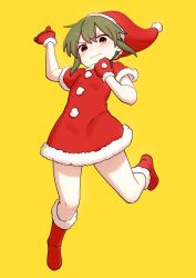 Rule 34 | 1girl, blush, boots, christmas, commentary, dress, embarrassed, english commentary, full body, fur trim, gloves, green eyes, green hair, hat, igarashi futaba (shiromanta), looking at viewer, medium hair, pom pom (clothes), red gloves, red hat, santa boots, santa costume, santa dress, santa gloves, santa hat, senpai ga uzai kouhai no hanashi, shiromanta, short sleeves, simple background, solo, sweatdrop, tearing up, wavy mouth, yellow background