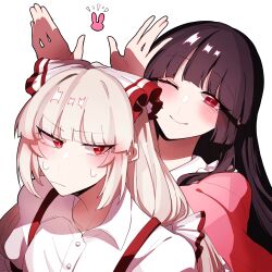 Rule 34 | &gt;:(, 2girls, ;), absurdres, black hair, blunt bangs, bow, buttons, collared shirt, commentary request, fujiwara no mokou, grey hair, hair bow, highres, houraisan kaguya, long hair, long sleeves, looking at viewer, multiple girls, one eye closed, red eyes, shirt, smile, somei ooo, suspenders, sweatdrop, touhou, two-tone bow, v-shaped eyebrows, white shirt