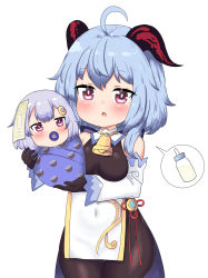 Rule 34 | 2girls, absurdres, aged down, ahoge, baby, baby bottle, bailingxiao jiu, bare shoulders, bell, black bodysuit, black gloves, blue hair, blush, bodysuit, bottle, breasts, commentary request, cowbell, curled horns, detached sleeves, food print, ganyu (genshin impact), genshin impact, gloves, hair between eyes, hair ornament, highres, holding, horns, long sleeves, medium breasts, multiple girls, ofuda, pacifier, parted lips, purple eyes, purple hair, qiqi (genshin impact), red eyes, simple background, sleeves past wrists, spoken object, teeth, upper teeth only, white background, white sleeves