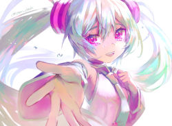 Rule 34 | 1girl, aisarenakute mo kimi ga iru (vocaloid), aqua hair, aqua necktie, bare shoulders, black sleeves, commentary, crying, crying with eyes open, detached sleeves, hair ornament, hand on own chest, hatsune miku, ito taera, long hair, necktie, outstretched hand, pink eyes, reaching, reaching towards viewer, ringed eyes, shirt, sleeveless, sleeveless shirt, solo, tears, twintails, twitter username, upper body, very long hair, vocaloid, white shirt