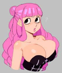 Rule 34 | black eyes, breasts, bursting breasts, cleavage, female focus, grey background, highres, huge breasts, lipstick, long hair, looking to the side, makeup, nezulet, one piece, perona, pink hair, pink lips, simple background, solo, tagme, tight clothes, very long hair