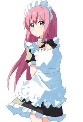 Rule 34 | 1girl, alternate costume, apron, arms behind back, black bow, black bowtie, black dress, blue eyes, blush, bocchi the rock!, bow, bowtie, closed mouth, cowboy shot, detached collar, dress, enmaided, frilled apron, frills, gotoh hitori, haru (konomi 150), highres, long hair, looking at viewer, maid, maid apron, maid headdress, pink hair, short sleeves, simple background, solo, white apron, white background