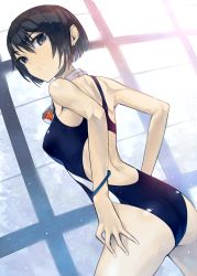Rule 34 | 1girl, ass, backless outfit, bad id, bad nicoseiga id, black eyes, black hair, blue one-piece swimsuit, breasts, competition swimsuit, dekappara futoriusu, from behind, goggles, goggles around neck, looking back, medium breasts, one-piece swimsuit, original, short hair, solo, swimsuit, wet, window, wrist straps