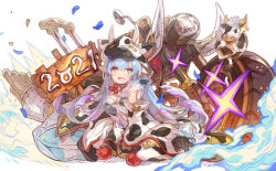 Rule 34 | 1girl, 2021, animal ears, animal print, bare shoulders, bikini, blue hair, blush, breasts, catura (granblue fantasy), cleavage, cow, cow ears, cow girl, cow hat, cow horns, cow print, cow tail, detached collar, detached sleeves, draph, ear piercing, granblue fantasy, haku (sabosoda), highres, horns, large breasts, long hair, looking at viewer, motor vehicle, motorcycle, navel, open mouth, piercing, pointy ears, see-through, short shorts, shorts, smile, swimsuit, tail, thighhighs, white bikini, white shorts, white thighhighs, wide sleeves
