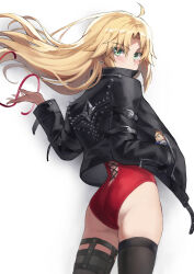 Rule 34 | 1girl, ahoge, ass, back, black jacket, blonde hair, buruma, cowboy shot, earrings, fate/apocrypha, fate (series), floating hair, from behind, gradient background, green eyes, hair ribbon, highleg, highleg swimsuit, highres, jacket, jewelry, leather, leather jacket, long hair, long sleeves, looking at viewer, looking back, mordred (fate), mordred (fate/apocrypha), one-piece swimsuit, red one-piece swimsuit, red ribbon, revision, ribbon, unworn ribbon, solo, swimsuit, swimsuit under clothes, tonee, translation request
