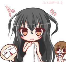 Rule 34 | 2girls, ^^^, animal, black hair, blush, blush stickers, bottle, brown eyes, brown hair, cat, collarbone, convenient censoring, drinking, flying sweatdrops, glass bottle, hair between eyes, hair down, hatsushimo (kancolle), kantai collection, komakoma (magicaltale), milk, milk bottle, multiple girls, naked towel, navel, simple background, thighhighs, towel, translated, wakaba (kancolle), weighing scale, weight conscious, wet, wet hair, white background