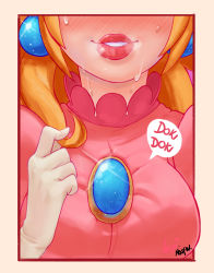 Rule 34 | 1girl, absurdres, blonde hair, blush, border, breasts, dress, earrings, gloves, head out of frame, heartbeat, highres, jewelry, lips, long hair, mario (series), medium breasts, nagainosfw, nintendo, pink dress, princess peach, solo, sweat, upper body, white gloves